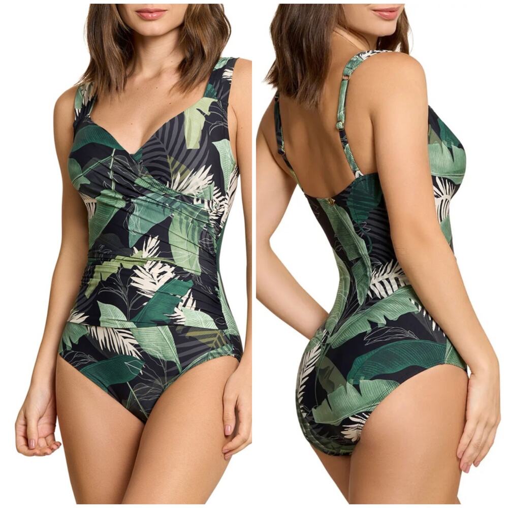 Jantzen NWT Green Tropical Draped Tummy Control Swimsuit Underwire Bra Size 14
